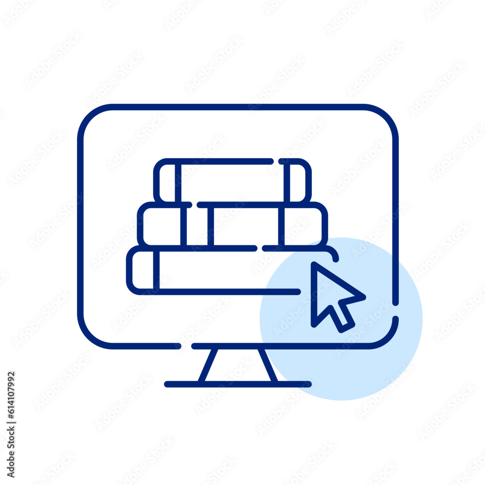 Digital library access symbol. Stack of books on computer monitor and mouse pointer click. Pixel perfect, editable stroke icon Digital library access symbol. Stack of books on computer monitor and mouse pointer click. Pixel perfect, editable stroke icon