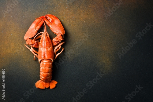 Big red boiled lobster. Close-up on slate surface. Seafood, top view.