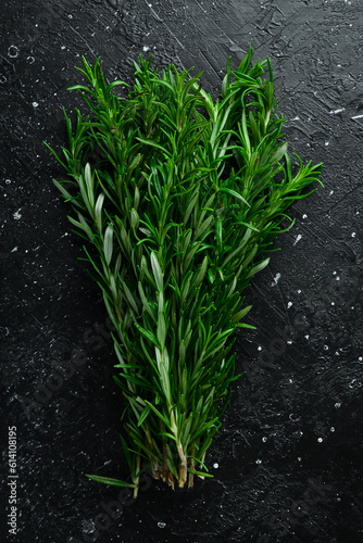 Fresh green rosemary. Spices. On a black stone background.