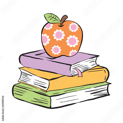 Hand drawn apple and books vector, back to school clip art