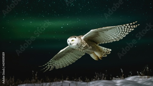 A Snowy Owl Soaring Through the Starry Night. Generative AI