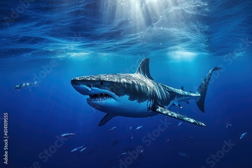In the deep blue, an apex predator silently glides, embodying both power and grace - - the majestic shark, ruler of the ocean depths illustration generative ai