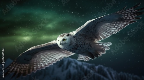 A Snowy Owl Soaring Through the Starry Night. Generative AI