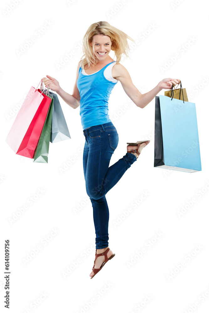 Shopping, fashion and portrait of woman jump on isolated, png and transparent background. Retail mall, happiness and excited, happy female person celebrate sale, discount or bargain for clothes store Shopping, fashion and portrait of woman jump on isolated, png and transparent background. Retail mall, happiness and excited, happy female person celebrate sale, discount or bargain for clothes store