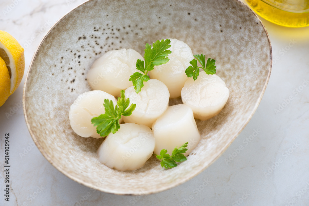 Fresh uncooked sea scallops with parsley in a beige bowl, middle close-up, horizontal shot on a light-beige marble background Fresh uncooked sea scallops with parsley in a beige bowl, middle close-up, horizontal shot on a light-beige marble background