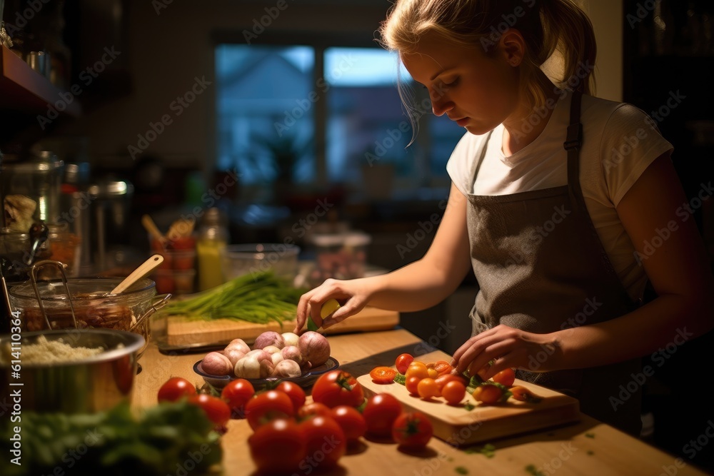 A young woman as she experiments with culinary delights in her kitchen. Generative AI