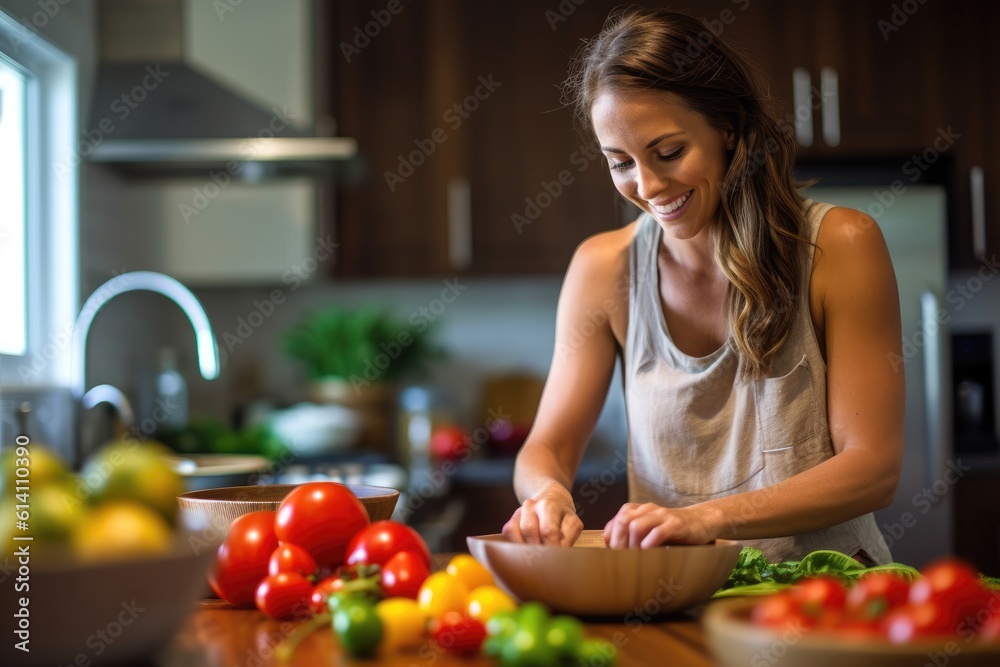 A young woman as she experiments with culinary delights in her kitchen. Generative AI A young woman as she experiments with culinary delights in her kitchen. Generative AI
