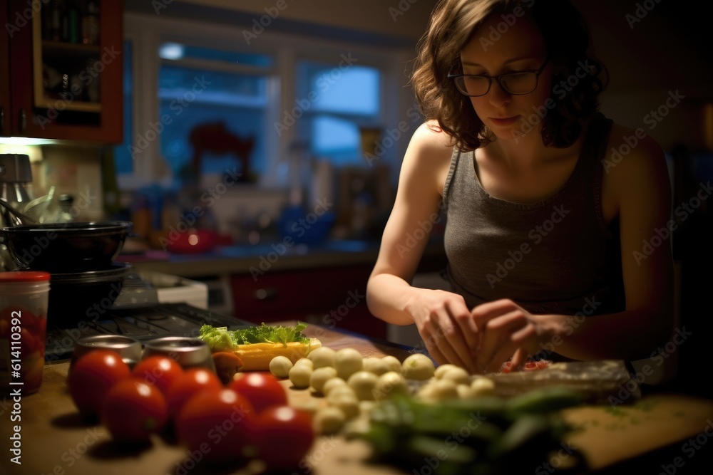 A young woman as she experiments with culinary delights in her kitchen. Generative AI