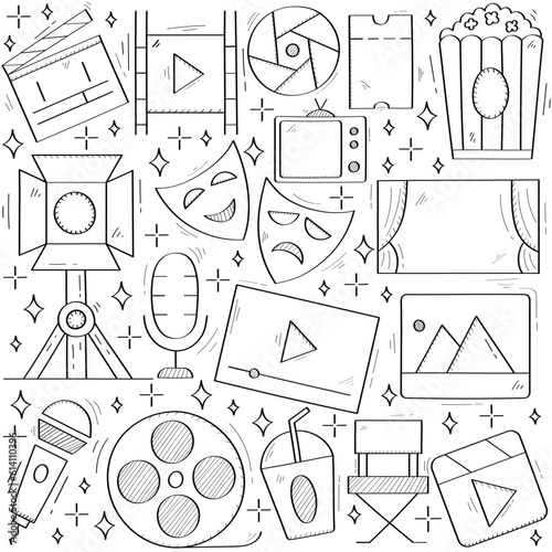 Hand Drawn Movie Icons Background Vector Design.