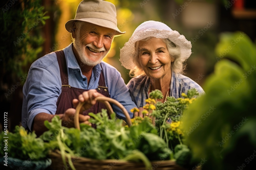 A close - up shot of a cheerful senior couple gardening in their backyard. Generative AI A close - up shot of a cheerful senior couple gardening in their backyard. Generative AI