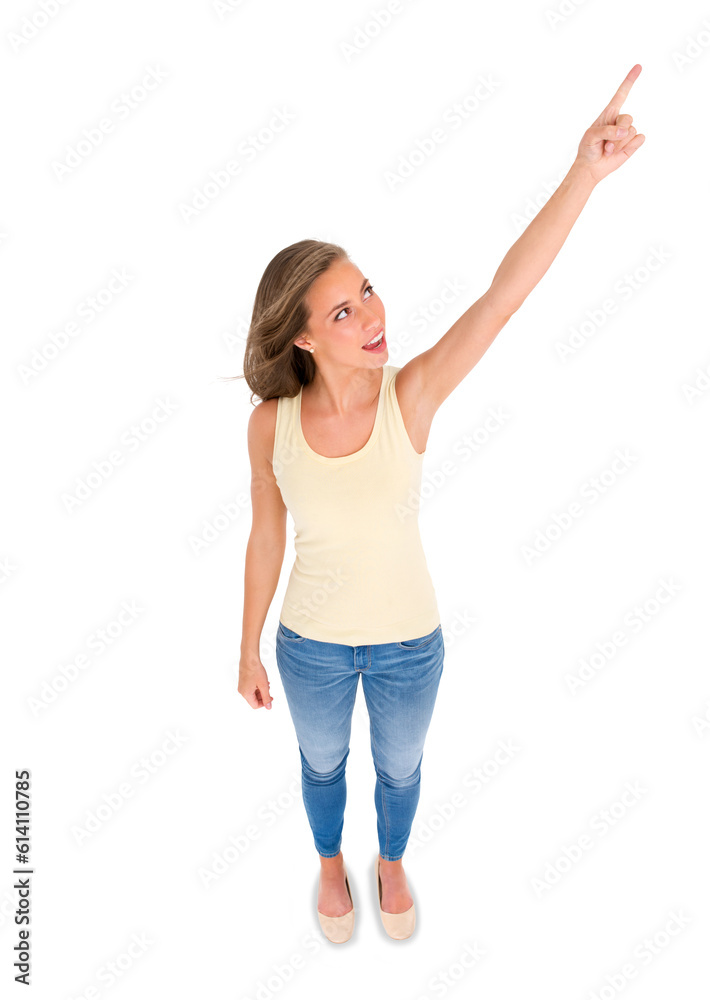 Wow, woman pointing and above presentation, advertising or clothes promotion, direction or guide. Offer, news or fashion sale of person, surprise or information isolated on transparent png background Wow, woman pointing and above presentation, advertising or clothes promotion, direction or guide. Offer, news or fashion sale of person, surprise or information isolated on transparent png background