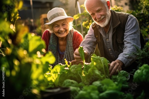 A close - up shot of a cheerful senior couple gardening in their backyard. Generative AI