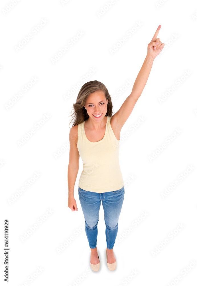 Portrait, woman pointing and above presentation, advertising or clothes promotion, direction or here. Offer, news or fashion sale of person showing information isolated on transparent png background Portrait, woman pointing and above presentation, advertising or clothes promotion, direction or here. Offer, news or fashion sale of person showing information isolated on transparent png background