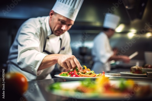 A close - up shot of a chef in a professional kitchen, skillfully preparing a dish. Generative AI