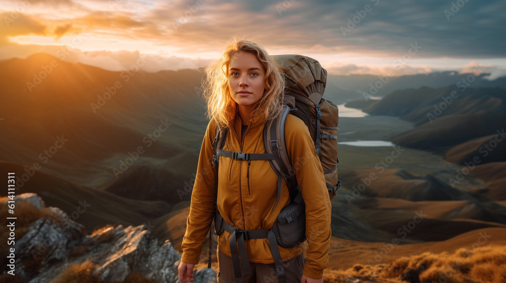 Young happy woman with backpack hiking in the mountains at sunset, looking at camera. Portrait of a smiling woman in the top of the  mountains at sunset with backpack. AI generated