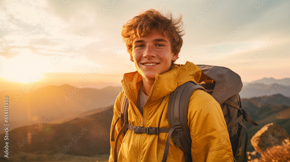 Teenage boy with backpack hiking in the mountains at sunset, looking at camera. Portrait of a smiling teenage boy in the mountains at sunset with backpack. AI generated