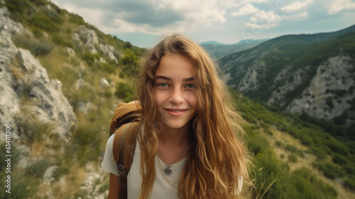 Portrait of a beautiful young smiling woman with backpack on the background of mountains. Teenage girl with backpack hiking in the mountains, looking at camera. AI generated
