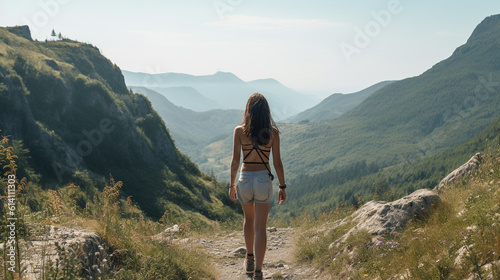Young woman hiking in mountains. Back view of girl in shorts and top. Young woman hiking in the mountains. Back view. Freedom concept.AI generated