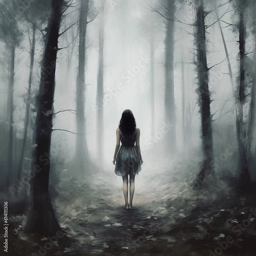  Rear view to the Young woman standing in the dark forest with foggy background, digital painting. Halloween concept. Mysterious dark forest with a young woman in a long dress. AI generated