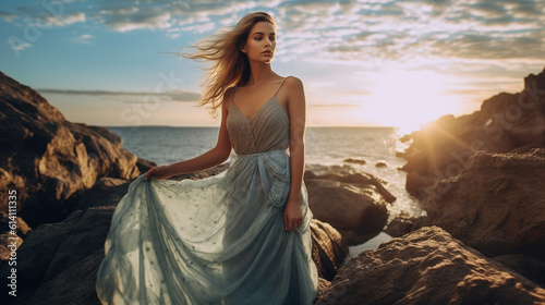 Fashion photo of beautiful sensual woman with blond hair in elegant dress posing on the beach at sunset. At sunset  a stunning woman poses on the  sea rocks in a long blue dress. AI generated