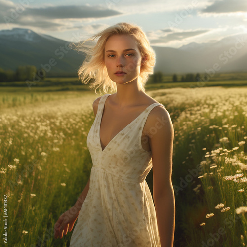 Fashion outdoor photo of beautiful sensual woman with blond hair in elegant dress posing in blooming meadow. Attractive young woman in camomile field with mountains in the background. AI generated