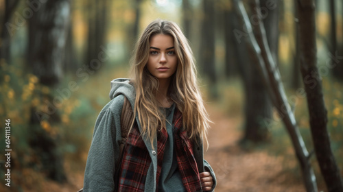 Beautiful young woman in the autumn forest. Outdoor fashion portrait. Beautiful blonde girl with long hair in the forest. Portrait of an attractive girl in the woods. AI generated