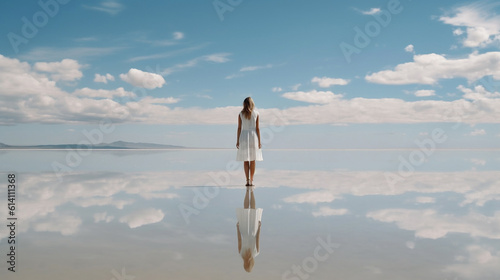 Young woman in white dress standing on the salt lake with reflection in water and looking at blue sky. Woman in white dress standing on the salt lake with smooth surface.   AI generated