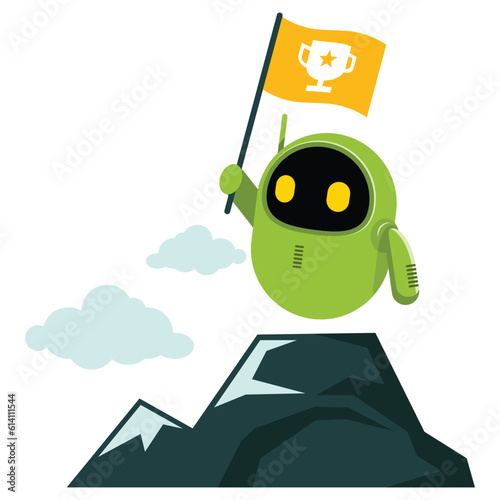 Illustration of green robot at the top of the mountain with raised flag.