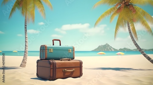 Suitcase on sand tropical beach with the sea and palms on background, Generative AI © Lucky Ai