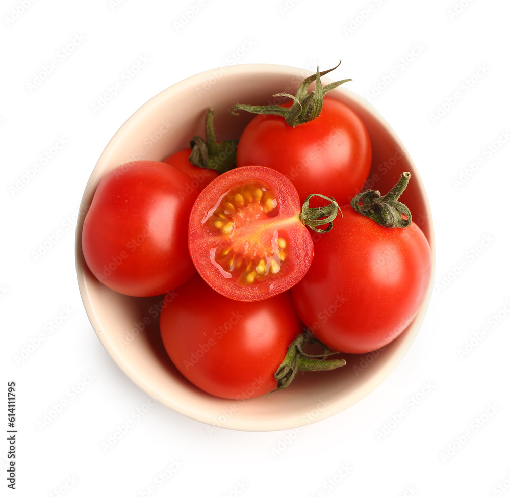 Bowl with fresh cherry tomatoes on white background Bowl with fresh cherry tomatoes on white background