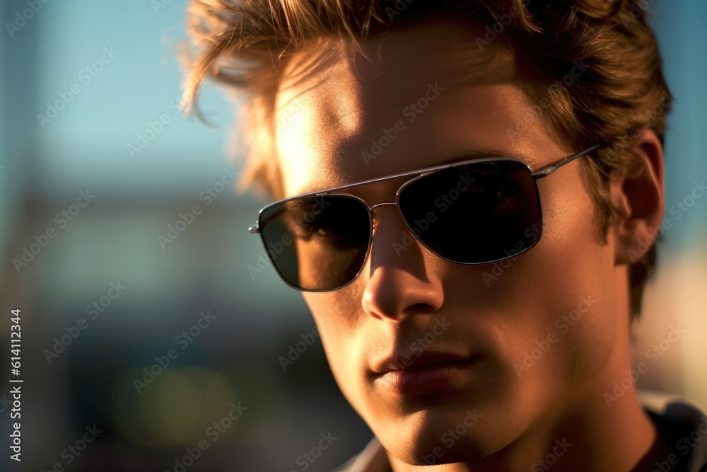 A close - up shot of a confident young man wearing stylish sunglasses. Generative AI A close - up shot of a confident young man wearing stylish sunglasses. Generative AI
