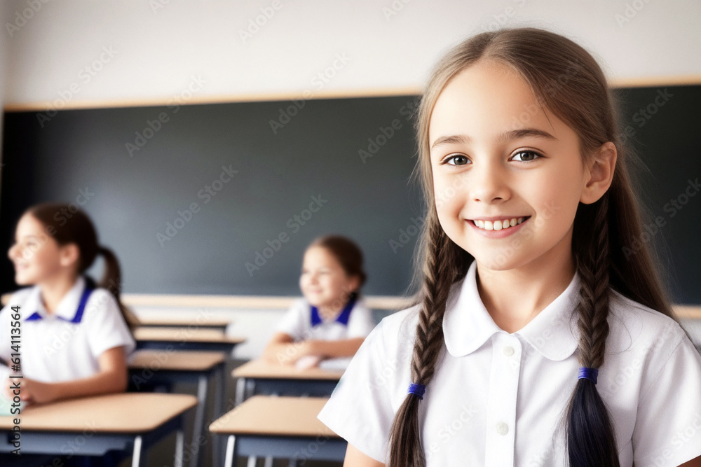 Portrait of a smiling girl schoolgirl in the classroom against the background of other students. Generative AI Portrait of a smiling girl schoolgirl in the classroom against the background of other students. Generative AI