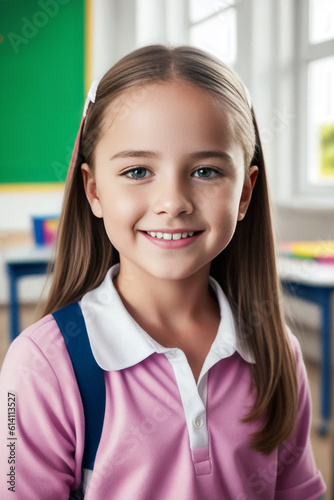Portrait of a smiling girl schoolgirl in the classroom against the background of other students. Generative AI