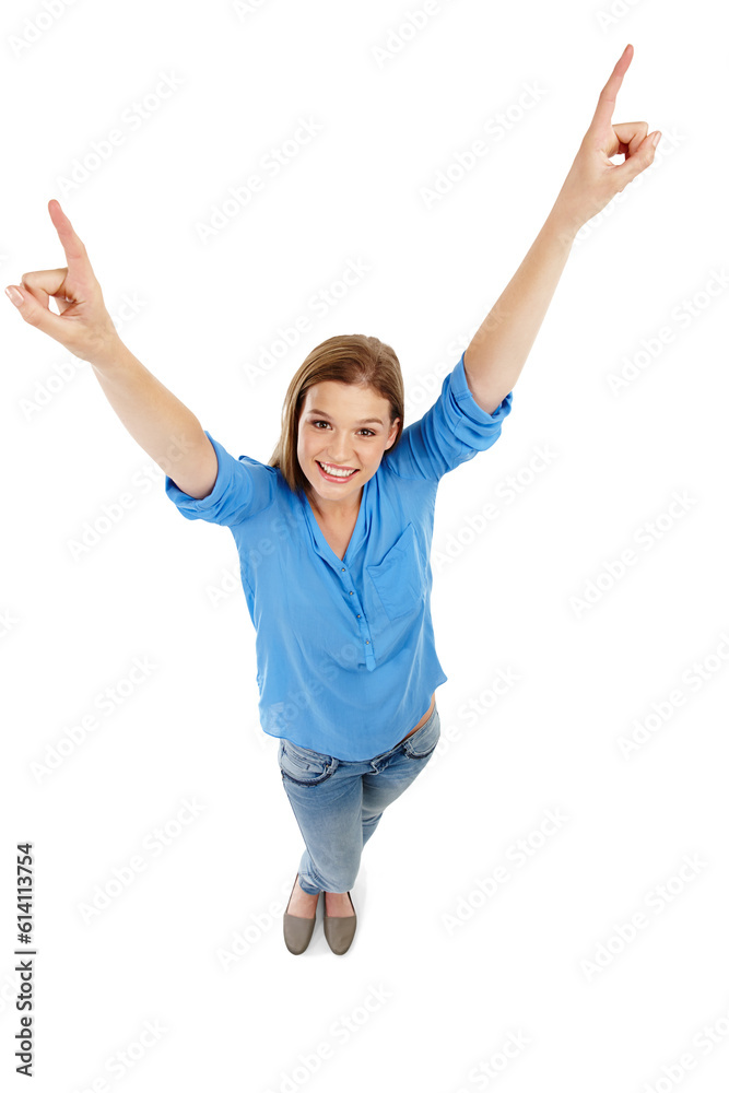 Pointing up, happy and above portrait of woman on isolated, png and transparent background. Advertising, promotion and face of female person with hand gesture for marketing, announcement and news Pointing up, happy and above portrait of woman on isolated, png and transparent background. Advertising, promotion and face of female person with hand gesture for marketing, announcement and news