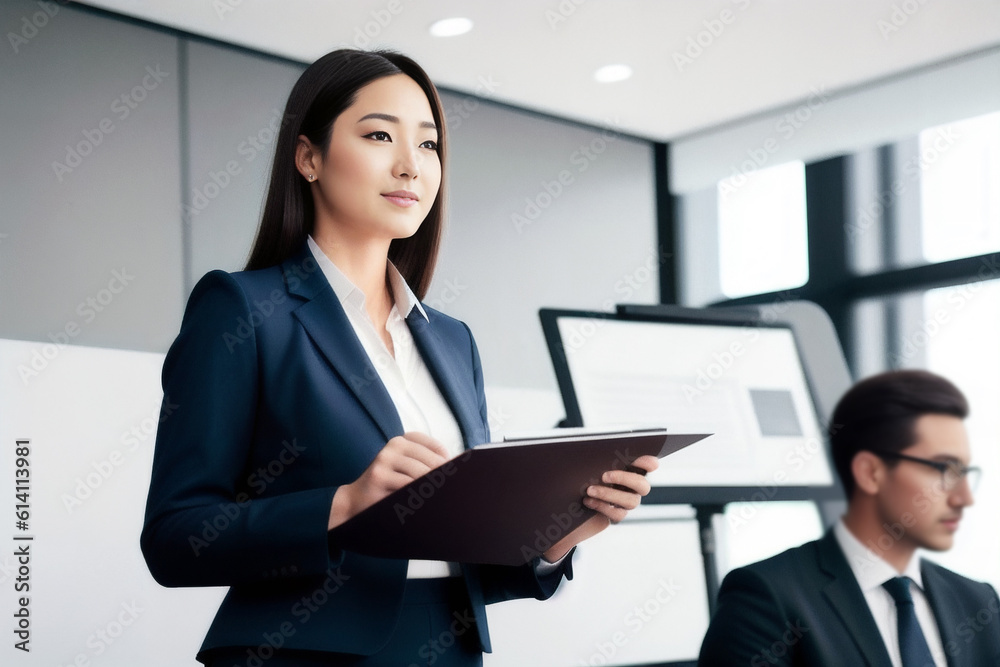 People businessmen and businesswomen at a conference in a large office. Generative AI People businessmen and businesswomen at a conference in a large office. Generative AI