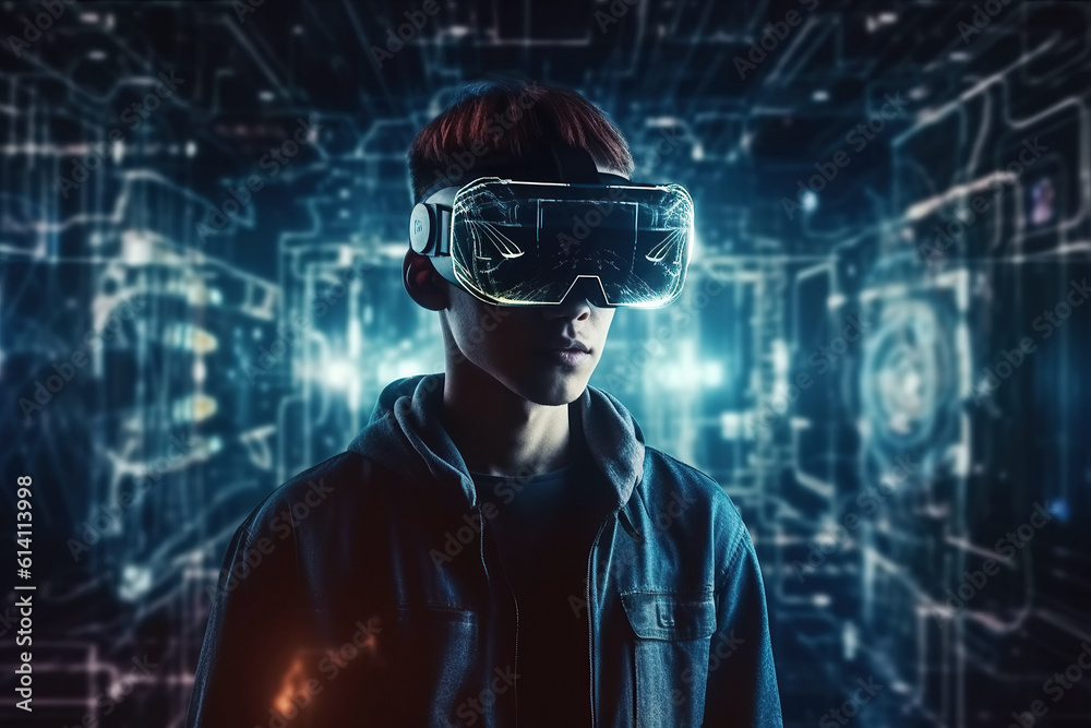 male gamer wearing virtual reality glasses in cyberspace of metaverse with augmented reality of future. Generative AI male gamer wearing virtual reality glasses in cyberspace of metaverse with augmented reality of future. Generative AI