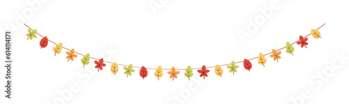 Autumn leaves garland in orange and red colors for Fall and Thanksgiving season. Vector isolated on white background.