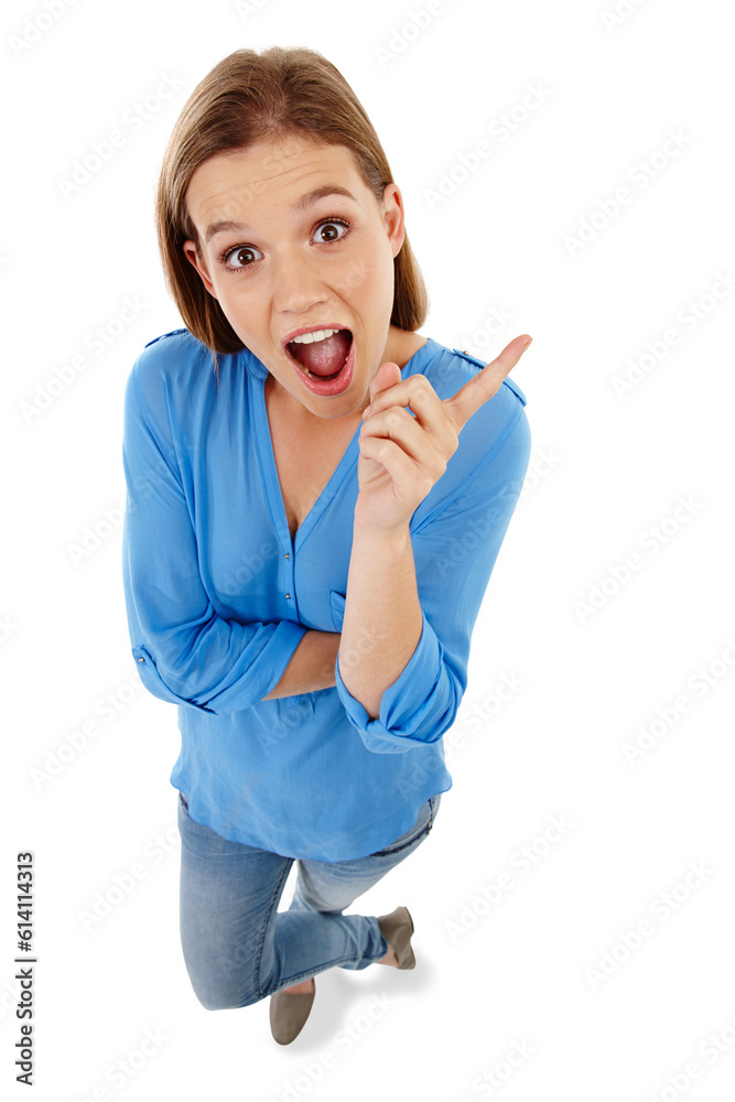 Excited, idea and above portrait of a woman with knowledge, planning and surprise. Happy, girl or teenager with bright ideas, plan and pointing with a gesture isolated on a transparent png background Excited, idea and above portrait of a woman with knowledge, planning and surprise. Happy, girl or teenager with bright ideas, plan and pointing with a gesture isolated on a transparent png background