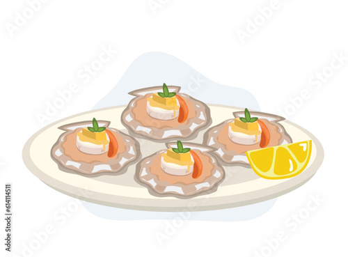 King scallop in shell with butter lemon spicy sauce on plate. vecrtor cartoon illustration