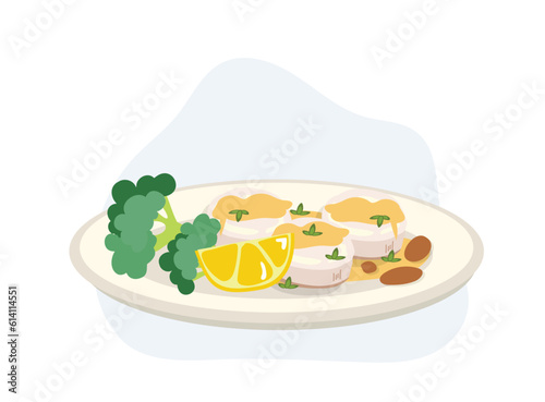 Grilled scallops butter with lemon and broccoli on plate. cartoon vector illustration