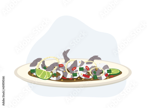 Spicy Shrimp Salad or Shrimp in pickle Fish Sauce. Delicious food. Thai food . cartoon vector illustration