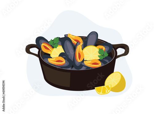 Baked Mediterranean mussels with creamy lime sauce. seafood cartoon vector illustration