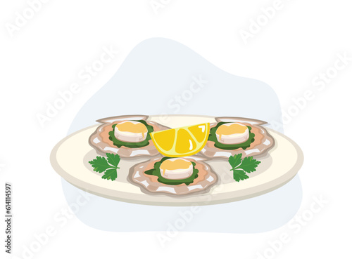 Scallops baked in a shell with cheese and pesto sauce. cartoon vector illustration