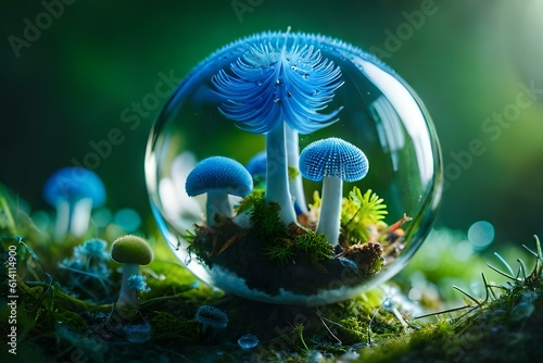 Epic Photo of an alien orchid in glass sphere, blue mushroom with cilia , beautiful bavckground ai generated images 