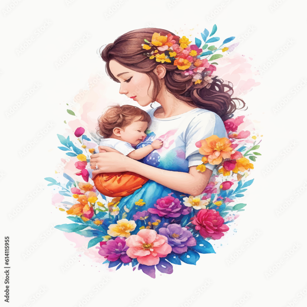 Watercolor Art Design Capturing Mother and Baby's Sweet Interaction