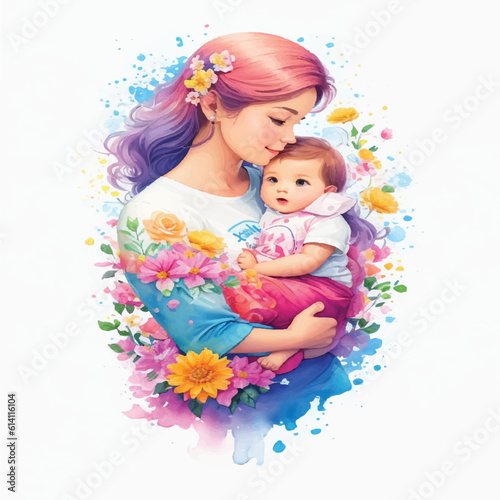 Watercolor Illustration of Mother and Infant Sharing a Strong Connection