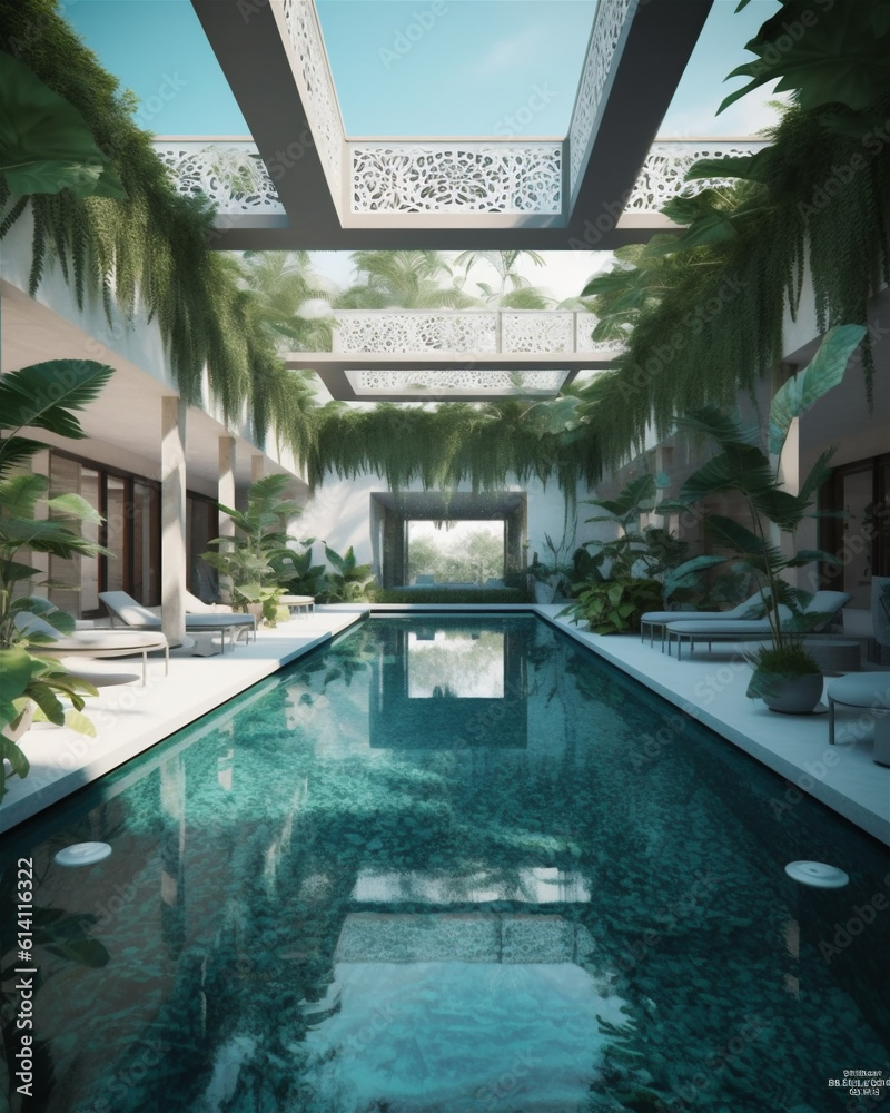 Fototapeta premium Spacious luxury villa indoor pool area decorated with green plants