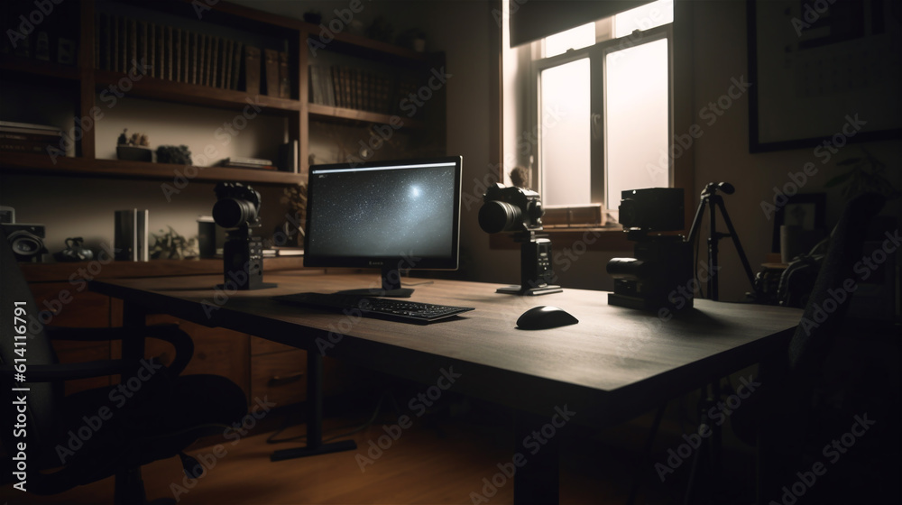 Closeup neatly arranged computer work desk with atmosphere, indoors Closeup neatly arranged computer work desk with atmosphere, indoors