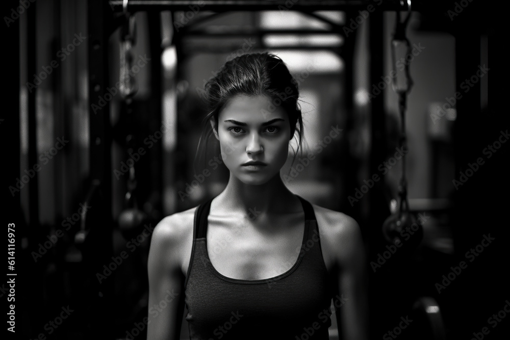Close up of a woman alone in the gym about to work out. Generative AI Close up of a woman alone in the gym about to work out. Generative AI