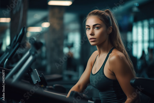 Close up of a woman alone in the gym about to work out. Generative AI